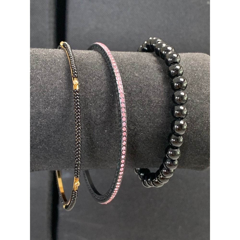3pc Black Gold Pink Rhinestone Bangle and Beaded‎ Stretch Bracelet Set 6in